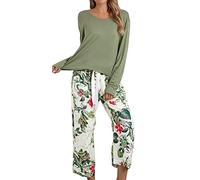 Schlafanzug Damen Baumwolle Lang Leisure Raglanärmel Elastischer Bund Nachtwäsche Sleepwear Freizeitanzug Pyjamahose Lässig Rundhals Langarm Homewear Pyjama Set Soft Locker Oberteile Zweiteiliger
