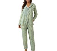 Schlafanzug Damen Baumwolle Pyjama Set Lang - Schlafanzüge Für Damen Mit Knopfleiste Sleepshirt Langarm Sleepshirt Lange Schlafanzughose Mit Taschen Hausanzug Zweiteilig Nachtwäsche Frau Pyjama-Set
