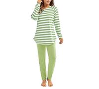 Schlafanzug Damen Frottee Warm, Pyjama Set Damen Lang Baumwolle - Nachtwäsche Set Winter Zweiteiler Gestreift Oberteile + Schlafhose Hausanzug Große Größen Sleepwear Weich Loungewear
