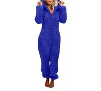 Schlafanzug Damen, Jumpsuit Damen Onesie Teddy Fleece Schlafanzug Kuschelig Einteiler Plüsch Lang Eingebauter Augenmaske Schlafoverall Weich Pyjama Mit Kapuze Winter Hausanzug, Blau