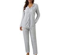 Schlafanzug Damen Kariert, Baumwoll Pyjama Damen Lang Langarm 2-Teiliges Pyjama Set Leicht Nachtwäsche Zweiteiliger Hausanzug Pjs Set Sleepwear Und Pyjamahose Lounge Sets Hausanzug Freizeitanzug