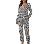 Schlafanzug Damen Kariert, Baumwoll Pyjama Damen Lang Langarm 2-Teiliges Pyjama Set Leicht Nachtwäsche Zweiteiliger Hausanzug Pjs Set Sleepwear Und Pyjamahose Lounge Sets Hausanzug Freizeitanzug