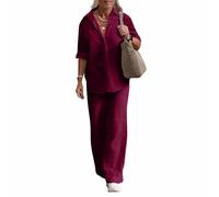 Schlafanzug Damen Kurz Einfarbig Baumwolle Leinen Freizeitanzug Sommer Langarm Hemd Und Hose 2 Teiler Loose Fit Lounge Set Casual Bequeme Loungewear Leicht Atmungsaktiv Zweiteiler Outfits