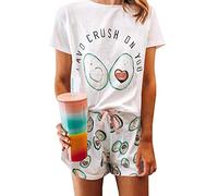 Schlafanzug Damen Kurz Schlafanzug mit Slogan Pyjama Set Streifenhose Hausanzug Sommer Sleepwear Damen Zweiteiliger Schlafanzug