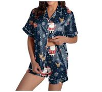 Schlafanzug Damen Kurz Stain Hausanzug mit Weihnachts Schneemann Print Pyjama Niedliche Nachtwäsche Tops Knopfleiste Und Schlafshorts Bequeme Knopfleiste Nachtwäsche Hausanzug Zweiteiliger Sleepwear