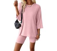 Schlafanzug Damen Kurze Pyjama Set Baumwolle 3/4 rmel Gestricktes Yoga Set Rundhalsausschnitt 2 Stck Slim Fit Frauen Bequeme Pyjamas Sportbekleidung Trainingsanzug Freizeitkleidung AGYMNX Hellrosa M