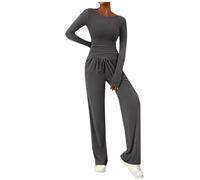 Schlafanzug Damen Lang 2-teiliges Damen-Set, asymmetrisches Langarm-T-Shirt, Weite Hose, lässige Outfits, Trainingsanzug Pyjama Teenager Mädchen Lang Nachthemd Mädchen (GY1, M)