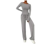 Schlafanzug Damen Lang 2-teiliges Damen-Set, asymmetrisches Langarm-T-Shirt, Weite Hose, lässige Outfits, Trainingsanzug Pyjama Teenager Mädchen Lang Nachthemd Mädchen (GY2, XS)