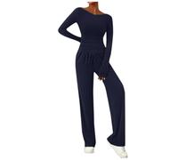 Schlafanzug Damen Lang 2-teiliges Damen-Set, asymmetrisches Langarm-T-Shirt, Weite Hose, lässige Outfits, Trainingsanzug Pyjama Teenager Mädchen Lang Nachthemd Mädchen (Dark Blue, XS)