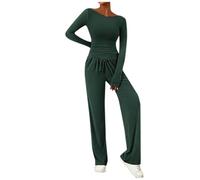 Schlafanzug Damen Lang 2-teiliges Damen-Set, asymmetrisches Langarm-T-Shirt, Weite Hose, lässige Outfits, Trainingsanzug Pyjama Teenager Mädchen Lang Nachthemd Mädchen (Green, M)