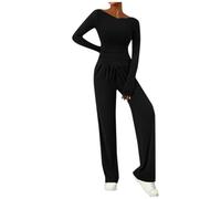 Schlafanzug Damen Lang 2-teiliges Damen-Set, asymmetrisches Langarm-T-Shirt, Weite Hose, lässige Outfits, Trainingsanzug Pyjama Teenager Mädchen Lang Nachthemd Mädchen (Black, S)