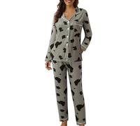Schlafanzug Damen Lang Baumwolle Zweiteiler Pjama Set Nachtwäsche mit Langarm Oberteil und Pyjamahose Bequemer Hausanzug Winter Schlafen Loungewear Große Größen Sleepwear Morgenmantel Uni Farbe