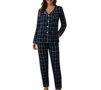 Schlafanzug Damen Lang Baumwolle Zweiteiler Pjama Set Nachtwäsche mit Langarm Oberteil und Pyjamahose Bequemer Hausanzug Winter Schlafen Loungewear Große Größen Sleepwear Morgenmantel Uni Farbe