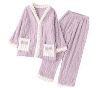 Schlafanzug Damen Lang Flanell Pyjama Sets mit Knopfleiste Weiche Bequeme Loungewear Langarm Nachtwäsche Pyjamas Set Herbst Winter Hausanzug Sleepwear Zweiteiler Freizeitanzug für Frauen