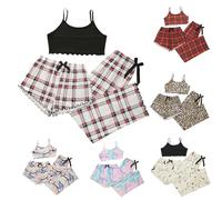 Schlafanzug Damen Lang Kuschelig Kurz Karierte Schlafhose Leopardenmuster 3-Teilig Pyjama Set Frauen Cami Pyjamahose Schlafanzüge Nachtwäsche Lounge Set Outfit Damen Klamotten Teenager Mädchen