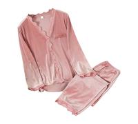 Schlafanzug Damen Lang Schwarz Schlafanzug Damen Lang Sexy Spitze Damen-Oberbekleidung mit Langen Ärmeln und V-Ausschnitt und Spitze, süßes zweiteiliges Set, Heimkleidung Damen Nachthemd Set