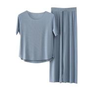 Schlafanzug Damen Lang Sommer, Pyjama Damen Kurzarm Lange Hose Zweiteiliger Nachtwäsche Set Weicher Loungewear Rundhals Sleepewear Einfarbig Hausanzug Bequem Freizeitanzug Große Größen Pyjamaset