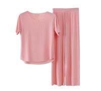 Schlafanzug Damen Lang Sommer, Pyjama Damen Kurzarm Lange Hose Zweiteiliger Nachtwäsche Set Weicher Loungewear Rundhals Sleepewear Einfarbig Hausanzug Bequem Freizeitanzug Große Größen Pyjamaset