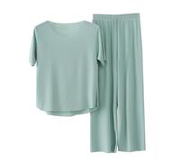 Schlafanzug Damen Lang Sommer, Pyjama Damen Kurzarm Lange Hose Zweiteiliger Nachtwäsche Set Weicher Loungewear Rundhals Sleepewear Einfarbig Hausanzug Bequem Freizeitanzug Große Größen Pyjamaset