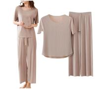 Schlafanzug Damen Lang Sommer, Pyjama Damen Kurzarm Lange Hose Zweiteiliger Nachtwäsche Set Weicher Loungewear Rundhals Sleepewear Einfarbig Hausanzug Bequem Freizeitanzug Große Größen Pyjamaset