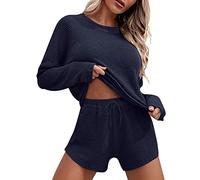 Schlafanzug Damen Lang Waffel - Jogginganzug Baumwolle Hausanzug Mädchen Trainingsanzug Pyjama Frühling Sommer Lounge Set Nachtwäsche Bademantel Schwarz Freizeitanzug Nachthemd Langarm Top Kurz Hose
