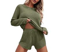 Schlafanzug Damen Lang Waffel - Jogginganzug Baumwolle Hausanzug Mädchen Trainingsanzug Pyjama Frühling Sommer Lounge Set Nachtwäsche Bademantel Schwarz Freizeitanzug Nachthemd Langarm Top Kurz Hose