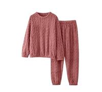 Schlafanzug Damen Lang,Winter Zweiteiler Flanell Pyjama Set Loungewear Freizeitanzug Herbst Winter Jogginganzug Hausanzug Warm Velour Rundhals Langarm Oberteile mit Hose 2er