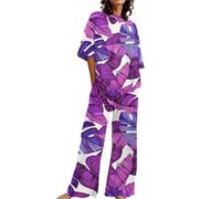 Schlafanzug Damen -Outfits für Damen, 2-teiliges Set aus Baumwollleinen, übergroße T-Shirts und gerade geschnittene Hose, Trainingsanzug in Übergröße Schlafanzüge Frauen Pyjamahose (Purple, XXXL)