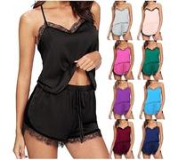 Schlafanzug Damen Pyjama Set Kurz Sommer Ärmellos Zweiteiliger mit Spaghettiträger Nachtwäsche Cami Top und Shorts Spitze V-Ausschnitt Hausanzug Sleepwear Sexy Sleepwear Loungewear Sleepshirt