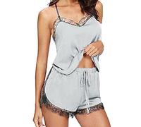 Schlafanzug Damen Pyjama Set Kurz Sommer Ärmellos Zweiteiliger mit Spaghettiträger Nachtwäsche Cami Top und Shorts Spitze V-Ausschnitt Hausanzug Sleepwear Sexy Sleepwear Loungewear Sleepshirt