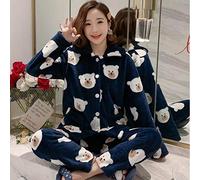 Schlafanzug Damen Pyjama Set,Winter Dunkel Blau Kleine Weiße Bär Koralle Fleece Pyjamas Set Dicker Warm Weiche Flanell Homewear Sleepwear Langarm Strickjacke Plus Größe Pyjamas Sets Frauen, Xl