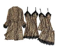 Schlafanzug Damen Satin Leopard - Satin Pyjama Damen 4-Teiliges Set, Sexy Spitze Kimono Robe Negligee Und Shorts Nachthemd Loungewear Weich Seide Zweiteiliger Hausanzug Silk Pjs Sets