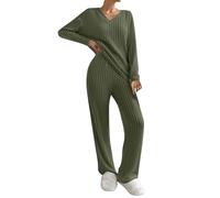 Schlafanzug Damen, Schlafanzug Damen Lang Pyjama Set V-Ausschnitt Gestricktes Hausanzug Zweiteiler Strickhose AUD Strickpullover Sportanzug Mit Taschen Loungewear Yoga-Sets 2 Stück, Armeegrün