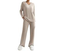 Schlafanzug Damen, Schlafanzug Damen Lang Pyjama Set V-Ausschnitt Gestricktes Hausanzug Zweiteiler Strickhose AUD Strickpullover Sportanzug Mit Taschen Loungewear Yoga-Sets 2 Stück, Beige