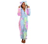 Schlafanzug Damen Warm Plüsch Jumpsuit Langarm Onesie Fleece Pyjama Muster Farbblock Overall Kuschelig Hausanzug Anzug Flauschig Tieroutfit Warme Schlafoverall mit Kapuze Reißverschluss S-XXL