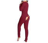 Schlafanzug Damen Winter, Jumpsuits Damen Mode Overall Schlafanzug Erwachsene mit Po Klappe Drucken Bodysuit Butt Button Back Flap Kuschelig Pyjama Onesie Einteiler Schlafanzug Warm Komfortabel