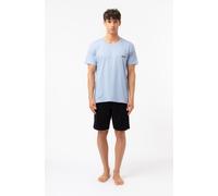 Schlafanzug FILA "MAN JERSEY PYJAMAS", Herren, Gr. S, blau (blau storm, schwarz), Jersey, Obermaterial: 100% Baumwolle, bequem kurz, Rundhals, Homewear-Sets Schlafanzug, Hose mit elastischem Logobund