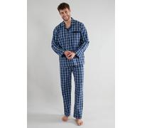 Schlafanzug GÖTZBURG "Clubhouse", Herren, Gr. 50 (M), blau (blau, dunkel, karo), Single Jersey, Obermaterial: 100% Baumwolle, kariert, lang, V-Ausschnitt, Homewear-Sets Schlafanzug, Karomuster, Brustt