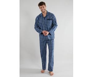 Schlafanzug GÖTZBURG "Clubhouse", Herren, Gr. 52L, blau (blau, dunkel, karo), Single Jersey, Obermaterial: 100% Baumwolle, kariert, lang, V-Ausschnitt, Homewear-Sets Schlafanzug, Karomuster, Brusttasc