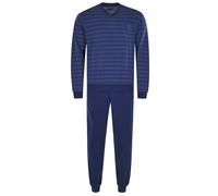 hajo Herren Schlafanzug Set - lang, Bündchen, V-Neck, Klima-Light, Cotton-Mix Blau L