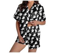 Schlafanzug Halloween Pyjama Damen Kurz Seiden Satin Nachthemd Zweiteiler Pyjamahose + Oberteile Set Dünner Knöpfen Sexy Schlafanzüge Loungewear Stillpyjama Umstandspyjama Große Größen