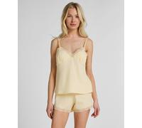 Schlafanzug HUNKEMÖLLER "Pyjama Set Jersey Spitze", Damen, Gr. M, gelb, 45% Viskose, 45% Baumwolle, 10% Elasthan, Homewear-Sets Schlafanzug (87044351-M) gelb