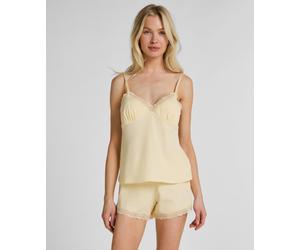 Schlafanzug HUNKEMÖLLER "Pyjama Set Jersey Spitze", Damen, Gr. M, gelb, 45% Viskose, 45% Baumwolle, 10% Elasthan, Homewear-Sets Schlafanzug (87044351-M) gelb