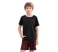 Schlafanzug Jungen Kurz Zweiteiliger Kurzer Schlafanzug Kinder mit 2 Taschen Weich Pyjama Runder Halsausschnitt T-Shirt und Karierte Kurze Hose Sommeroutfits 134-176 für Freizeit Sport Zuhause