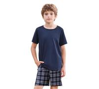 Schlafanzug Jungen Kurz Zweiteiliger Kurzer Schlafanzug Kinder mit 2 Taschen Weich Pyjama Runder Halsausschnitt T-Shirt und Karierte Kurze Hose Sommeroutfits 134-176 für Freizeit Sport Zuhause