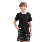 Schlafanzug Jungen Kurz Zweiteiliger Kurzer Schlafanzug Kinder mit 2 Taschen Weich Pyjama Runder Halsausschnitt T-Shirt und Karierte Kurze Hose Sommeroutfits 134-176 für Freizeit Sport Zuhause