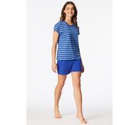 Shorty SCHIESSER "Casual Essentials", Damen, Gr. 42, 833, blau, Single Jersey, Obermaterial: 100% Baumwolle, Basic kurz, Rundhals, Homewear-Sets Shorty, mit unifarbenem Shirt und gestreifter Hose (453