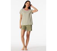 Shorty SCHIESSER "Casual Essentials", Damen, Gr. 44, 108, weiß, Single Jersey, Obermaterial: 100% Baumwolle, Basic kurz, Rundhals, Homewear-Sets Shorty, mit unifarbenem Shirt und gestreifter Hose (196