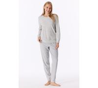 Schlafanzug lang Frottee Bündchen Ringel silbergrau-meliert - Casual Essentials 46