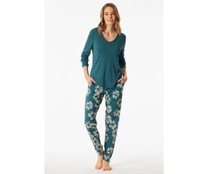 Schlafanzug lang Interlock Bündchen Blumen grün - Modern Nightwear 38